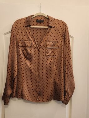 Polka Dot Button-Down Blouse in Camel with Black Dots